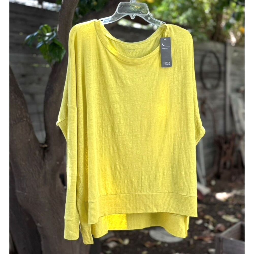 NWT Eileen Fisher Lemon Lime 100% Linen Bateau Neck Long Sleeve Box Top Size L